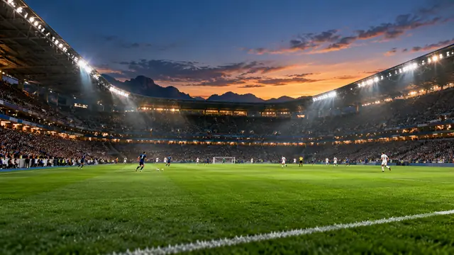 Football stadium beneath floodlights at sunset