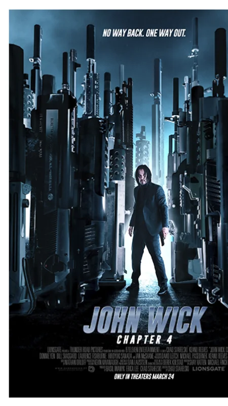 John Wick Chapter 4 promotional poster with Keanu Reeves in a blue-lit corridor