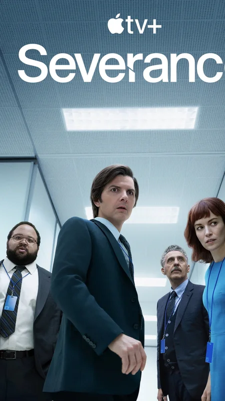 Severance poster with office employees in a sterile corridor