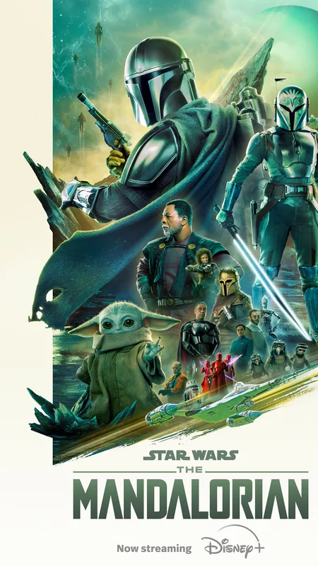 The Mandalorian and Grogu in green and gold Star Wars promotional artwork
