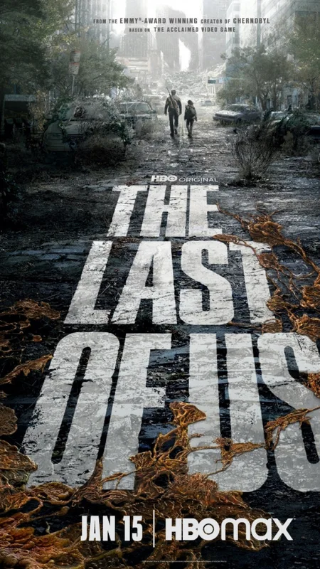 Joel and Ellie walking through an overgrown city in The Last of Us promotional artwork