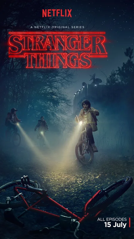 Stranger Things promotional poster with cyclists in a misty forest