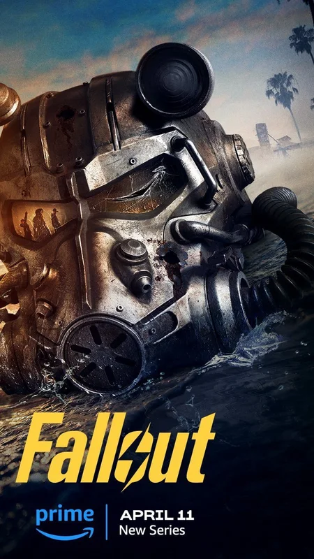 Fallout promotional poster with a power armor helmet beside the coast